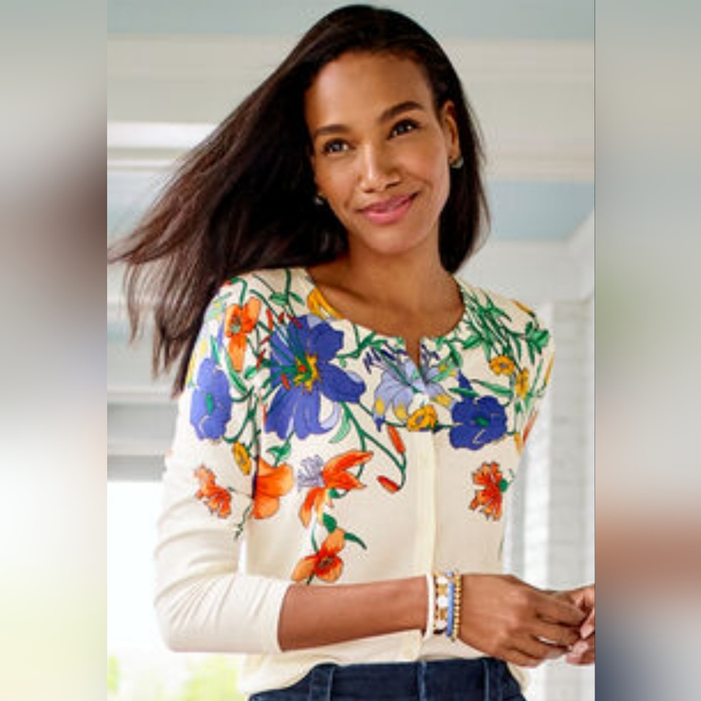 Floral Print Women's Top - Cream, Blue, Orange - Picture 2 of 16